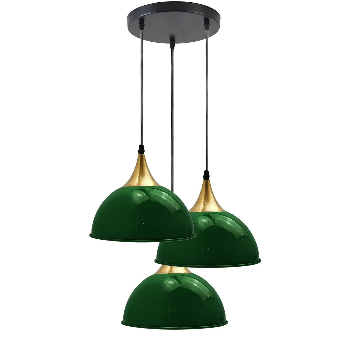 Green pendant ceiling lamp with 3 light holders, metal dome shade, matte finish, hanging 95cm from ceiling.