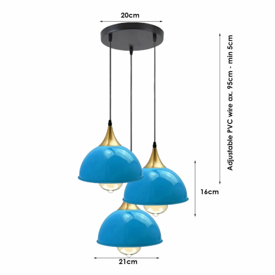 Stylish 3 dome pendant light in blue and yellow brass hanging from ceiling with PVC cable