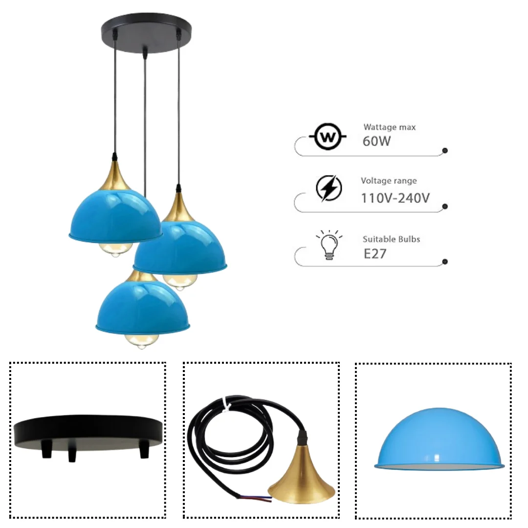 Three-dome blue and yellow brass pendant with metal shade, hanging on 95 cm PVC cable – a modern pendant ceiling light.