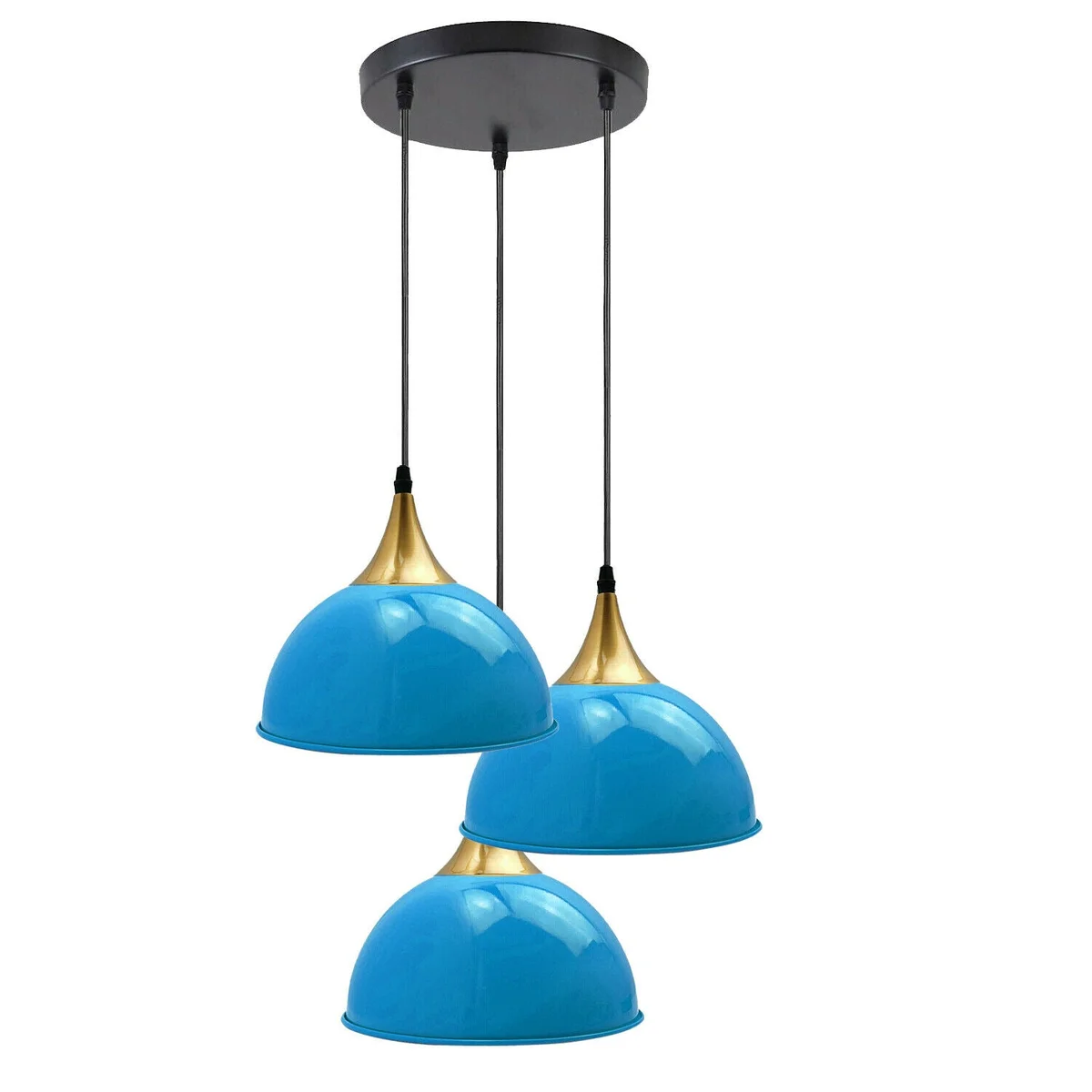 Blue 3‑head industrial style pendant light with brass accents and white illuminated domes