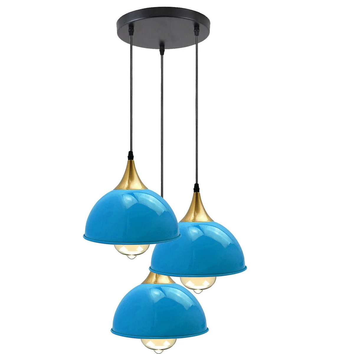 Blue dome E27 base ceiling light with three yellow brass shades and 95cm cable, modern industrial design.