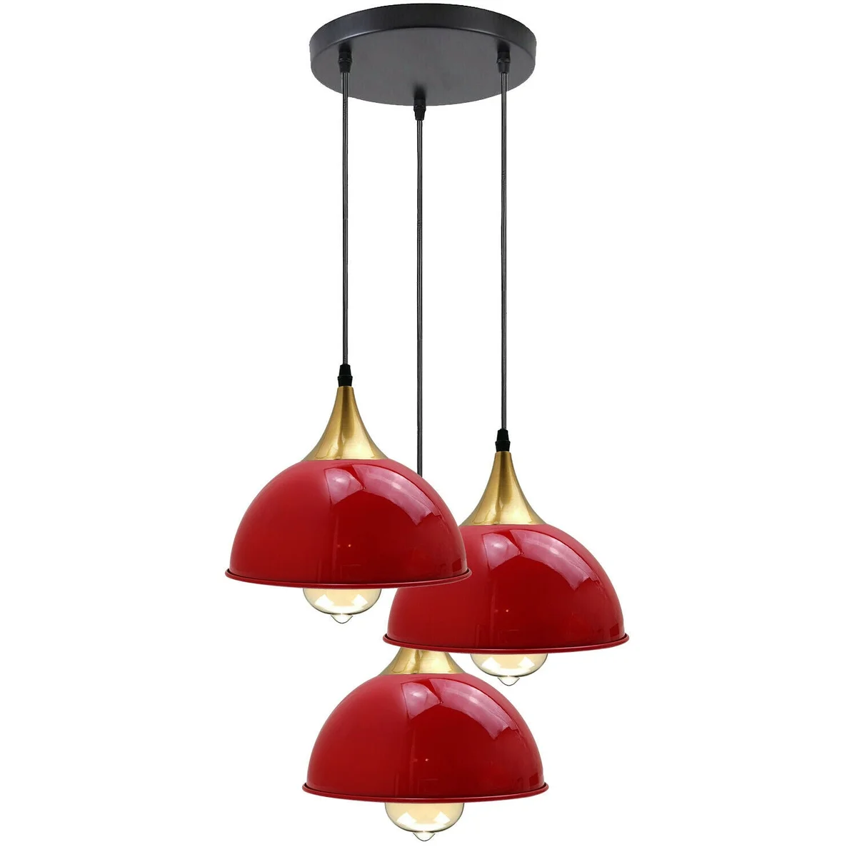 Red pendant light with 3 metal shade lamps, modern dome design, painted red, yellow brass accents, 95cm cord