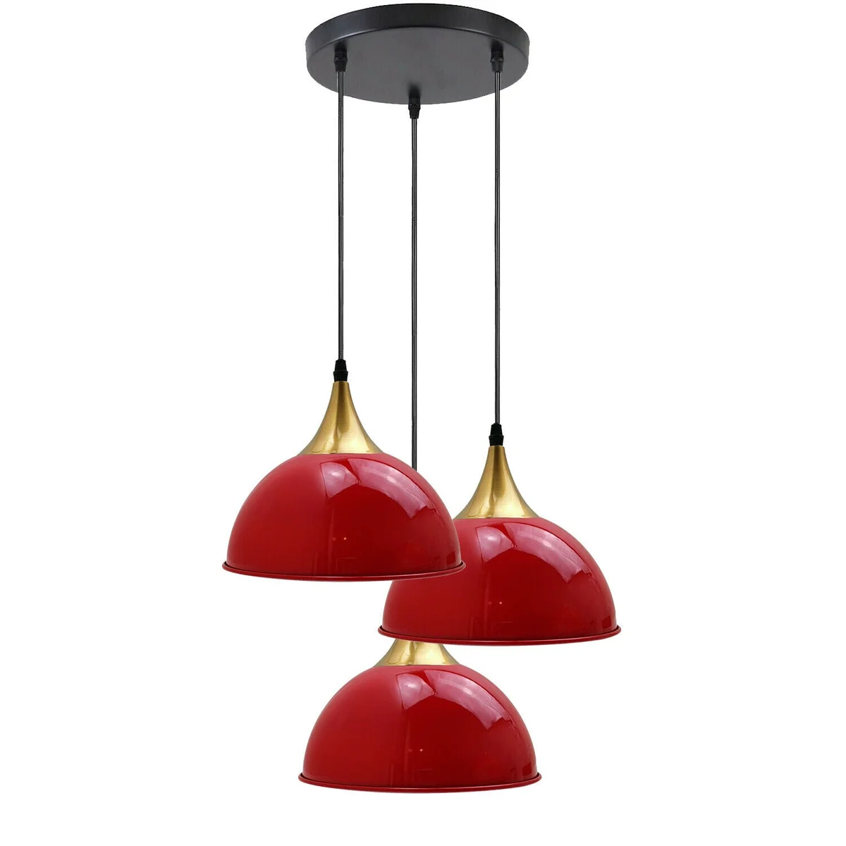 Modern red 3‑light pendant with metal & PVC shade, white dome interior, red & yellow brass, 95cm hanging, E27 bulb pendant