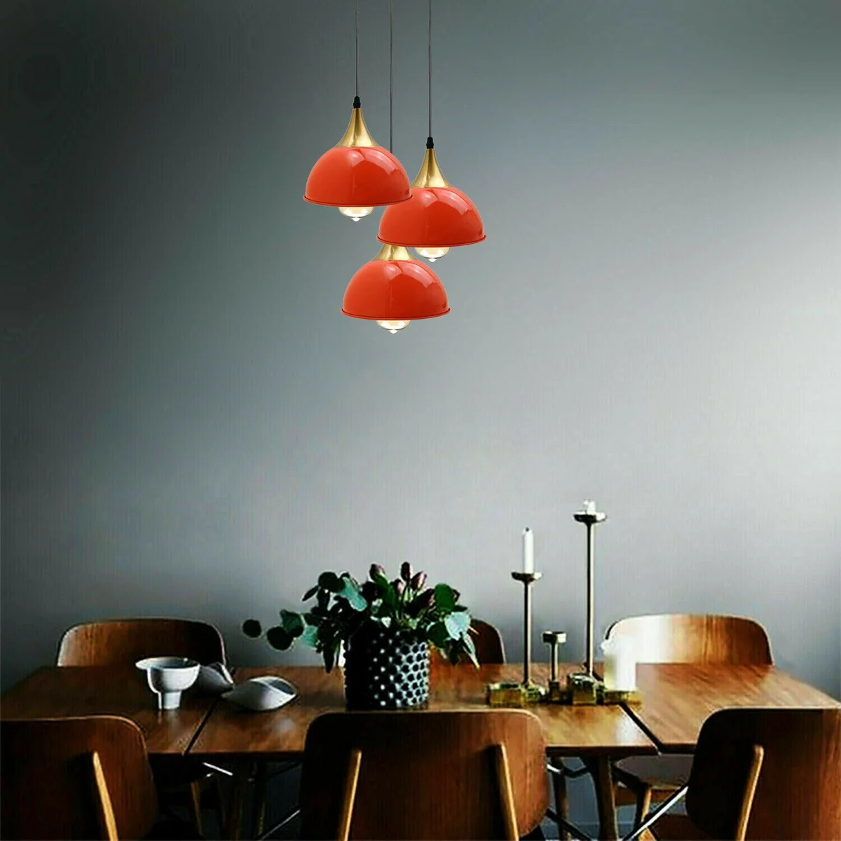 Orange vintage industrial metal lampshade pendant with three brass holders, modern ceiling light.