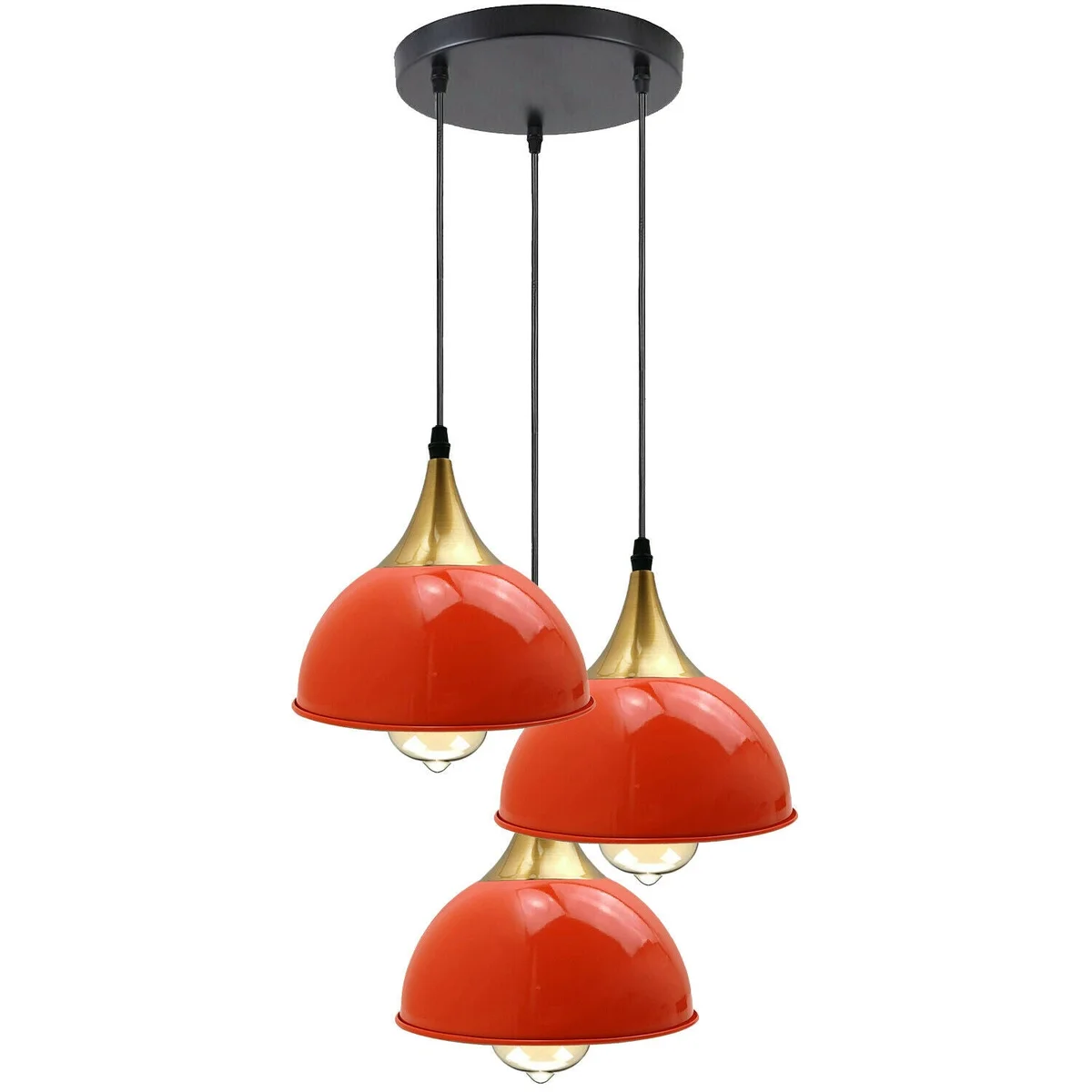 Orange brass 3‑way modern hanging pendant light with metal shade and PVC cord in a vintage industrial style.