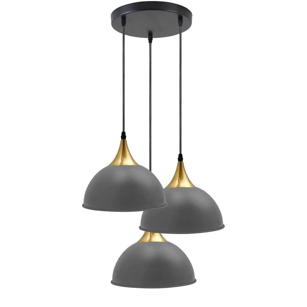 3 light pendant cluster with metal dome shades, grey and yellow brass accents, industrial style lighting.