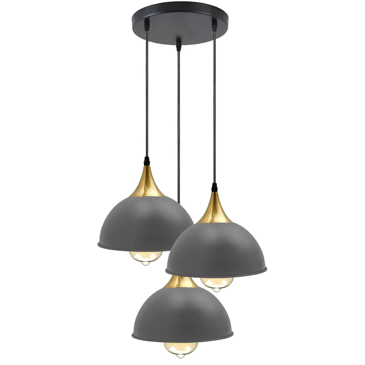 Three grey‑yellow brass pendant lights with metal domes, hanging above a dining table – modern kitchen dining lighting.