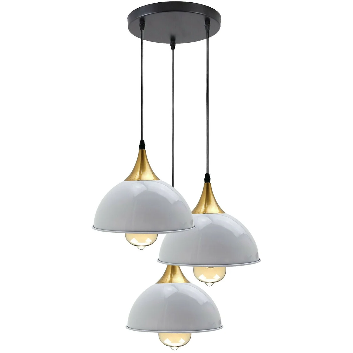 White and yellow brass modern pendant lighting with metal dome and PVC cable, 3 heads, sleek industrial style.