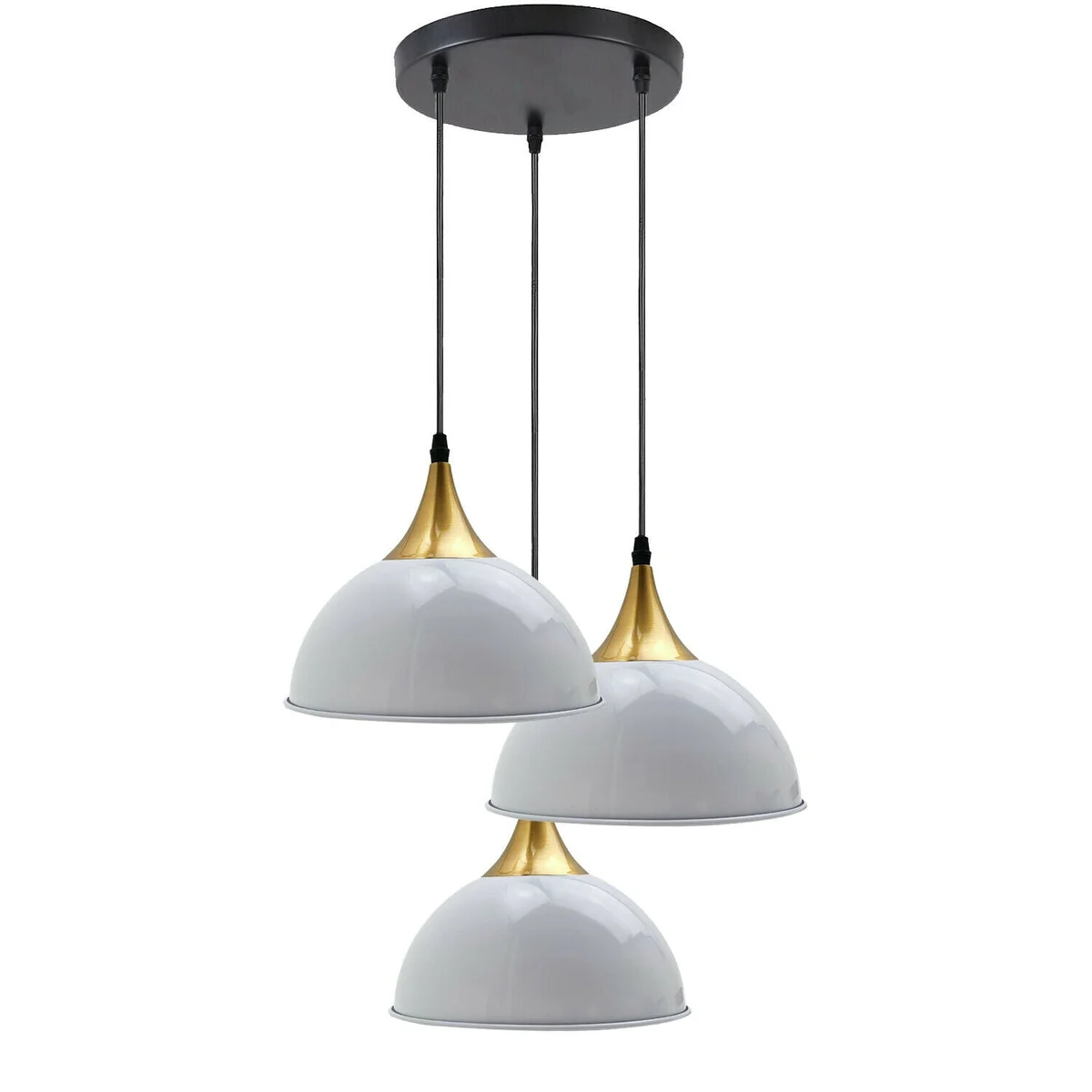 Metal pendant lamp with white dome and yellow brass trim, 3 heads, long PVC cable.