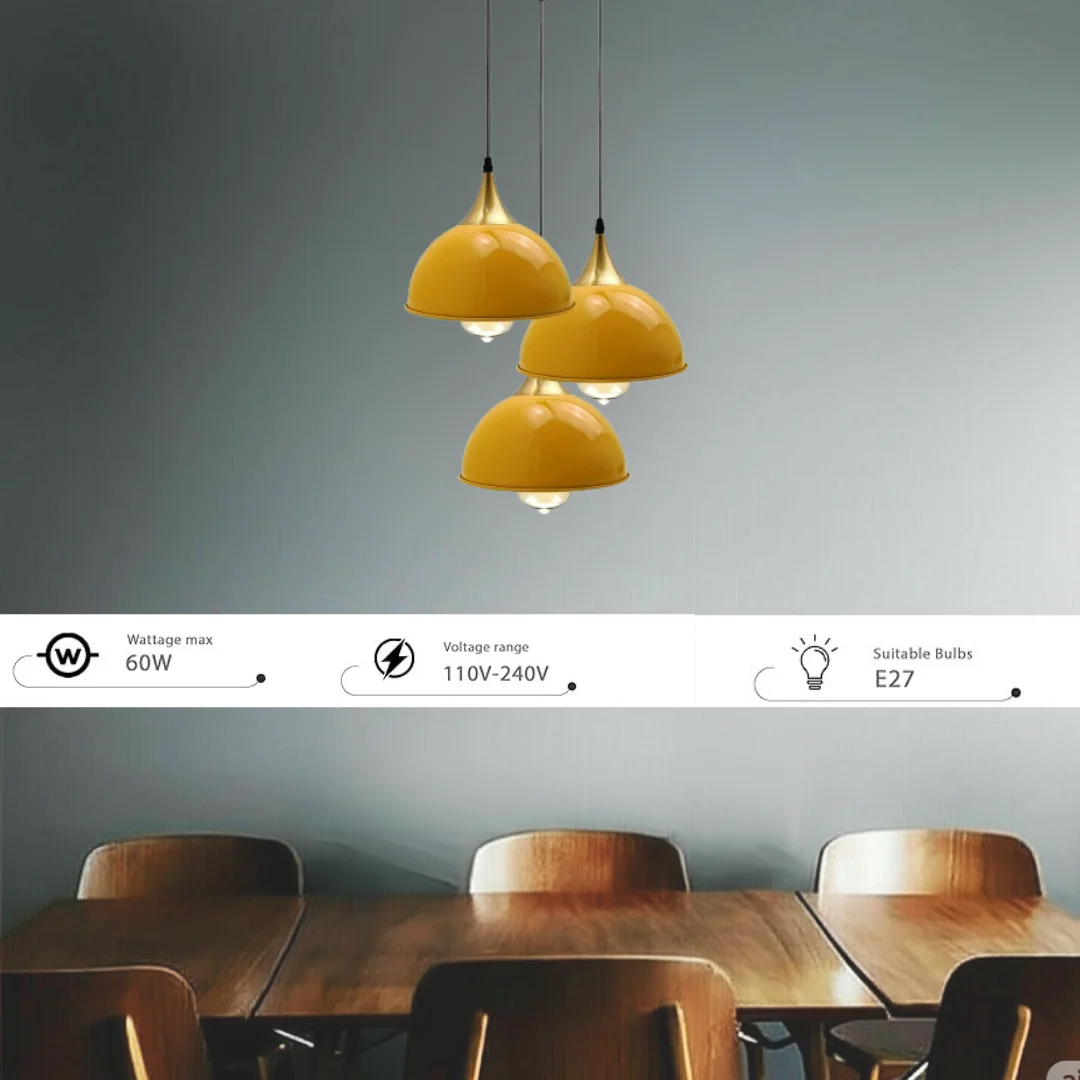 Modern 3 head pendant light in yellow metal with brass accents, three sleek dome shades, corded suspension, white interior