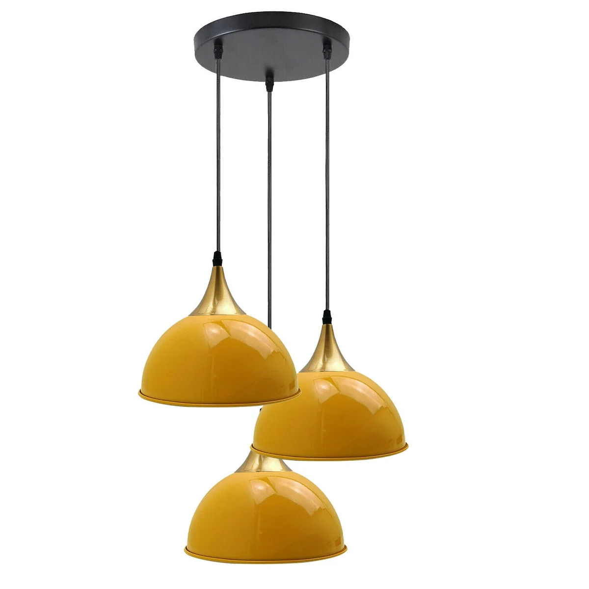 Modern painted yellow 3‑head metal lamp, 3 yellow brass shades, hanging from ceiling, E27 bulb pendant