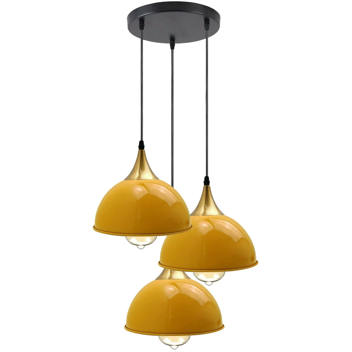 Yellow 3‑head industrial style pendant with metal shade and white interior, ceiling‑hanging modern dome design.