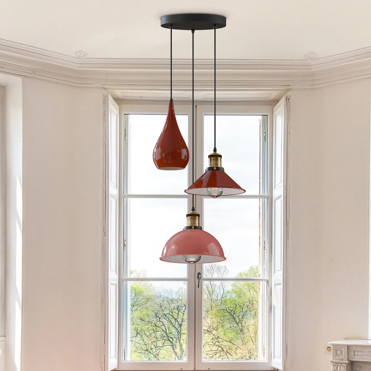 3 head pendant light – metal fixture with three hanging shades and a central 20cm round plate, blue wire and PVC cable on a ceiling.