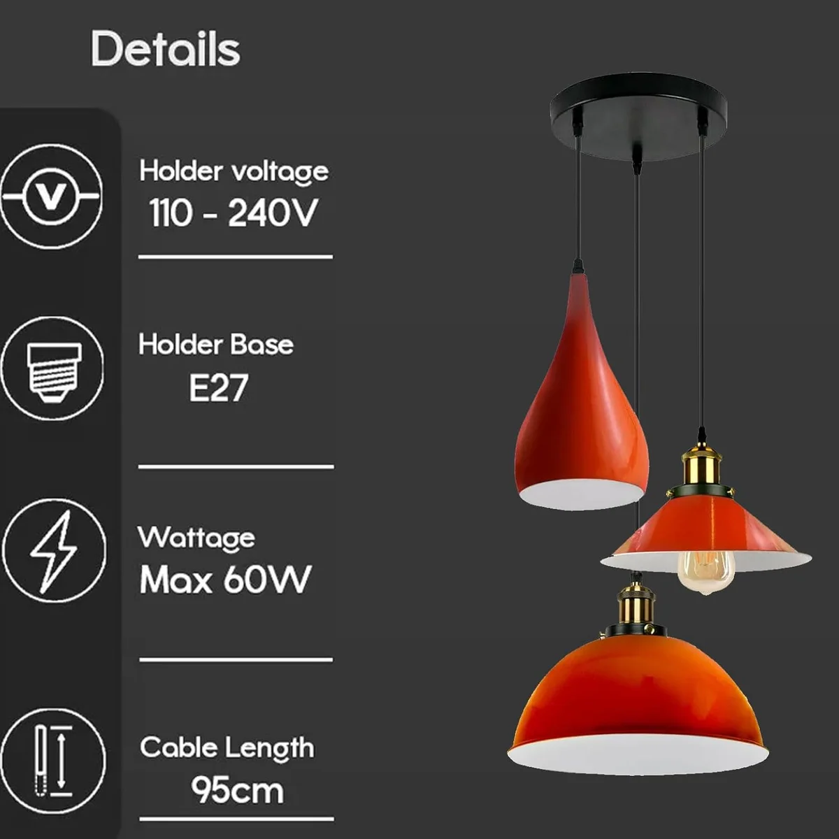 Three metal hanging ceiling light with coloured shades on a round base, adjustable PVC cable, minimalist industrial style