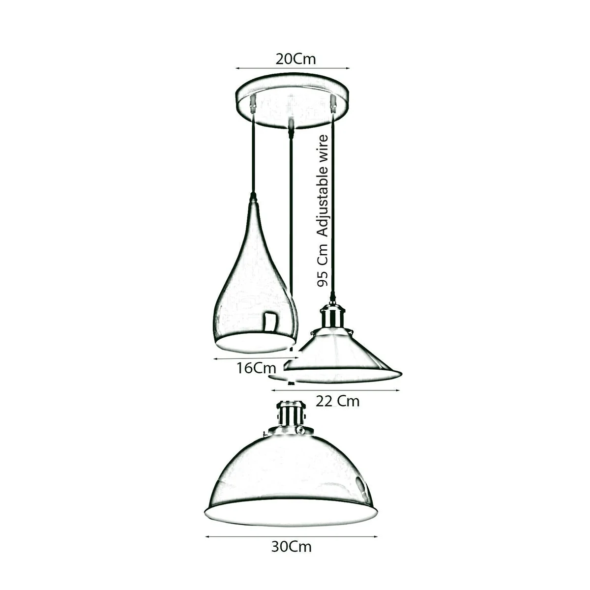 Three‑head adjustable pendant light with metal shades and round central plate, hanging 95 cm from ceiling.