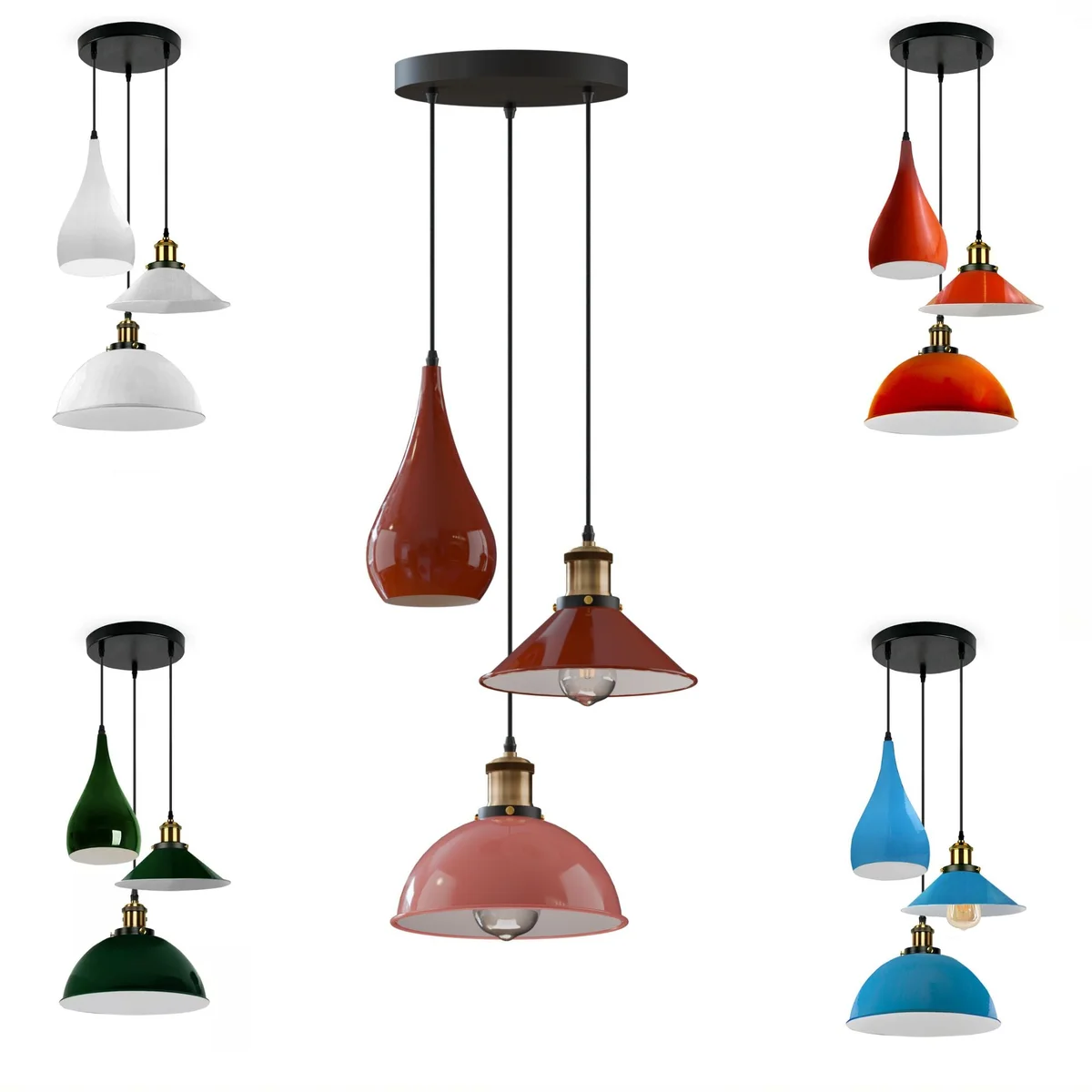 Three‑head metal pendant light featuring E27 bulb holders, hanging from a round plate with orange and white shades.