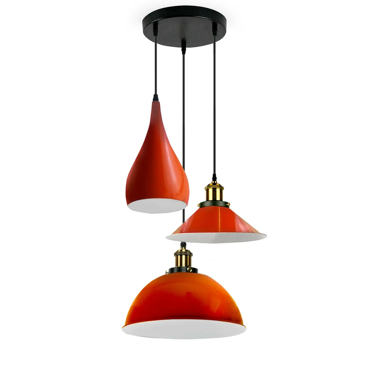 Metal multi shade pendant light with three coloured metal shades and PVC cable, central hanging plate.
