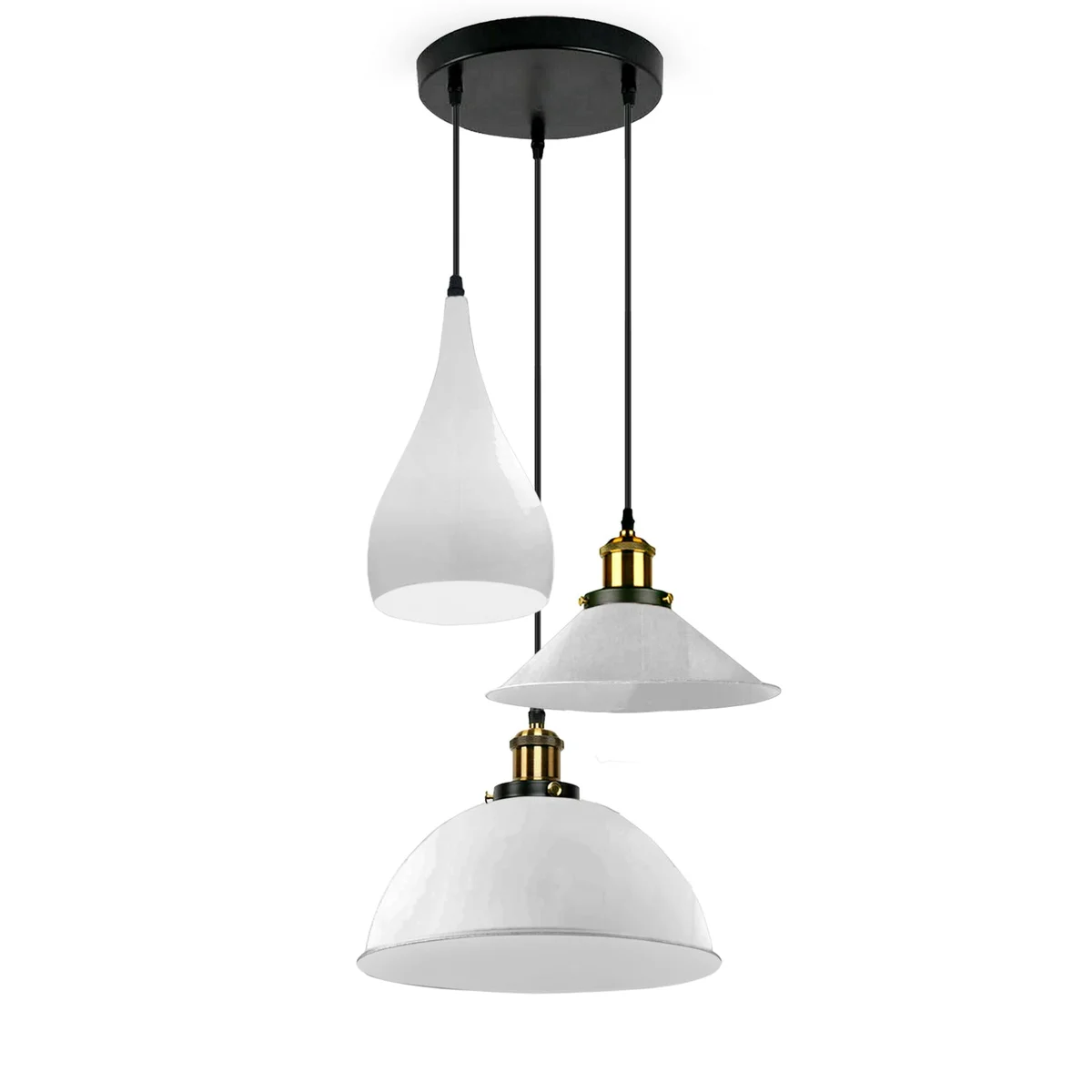 3 head pendant light with metal shades and PVC round base, hanging from ceiling with adjustable cable