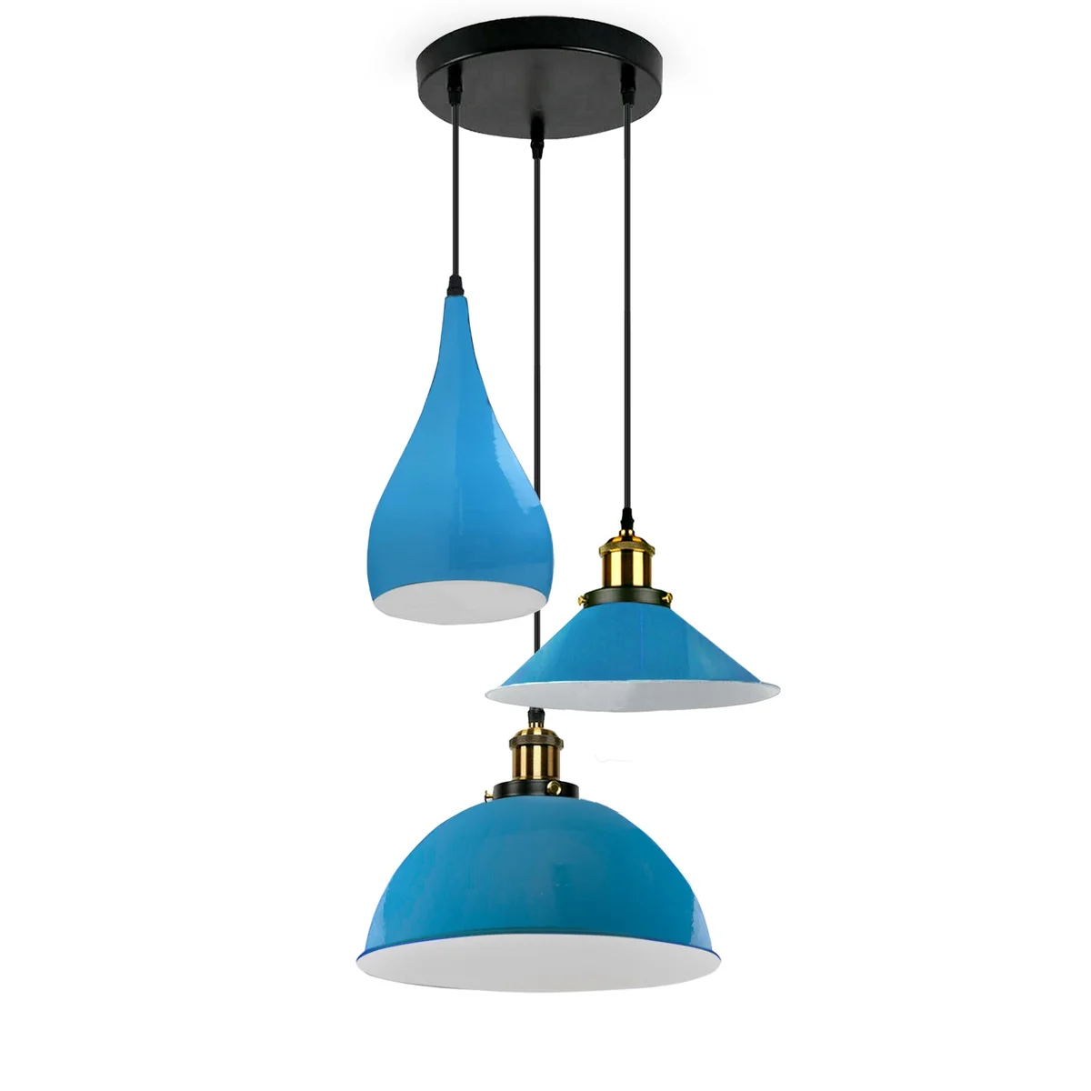 3 head pendant light hanging from round metal base, featuring three white metal shades and PVC cable.