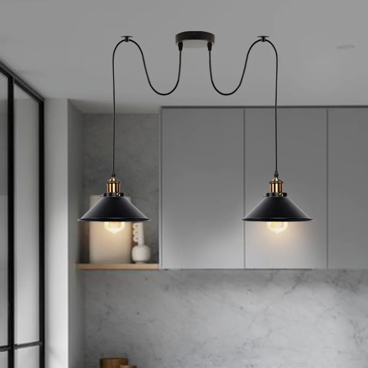 Vintage black pendant light with dual E27 holders, 22cm black metal shade, 195cm PVC cable hanging from ceiling