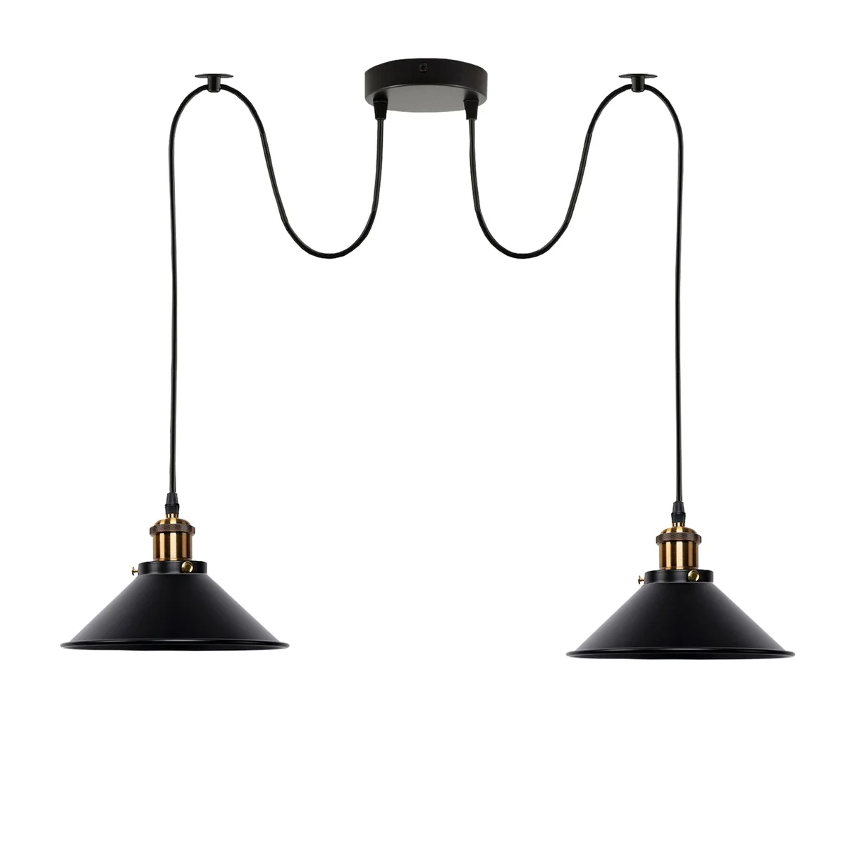 2 way ceiling lamp with black metal shade, PVC cord, hanging from ceiling, suited for E27 bulbs