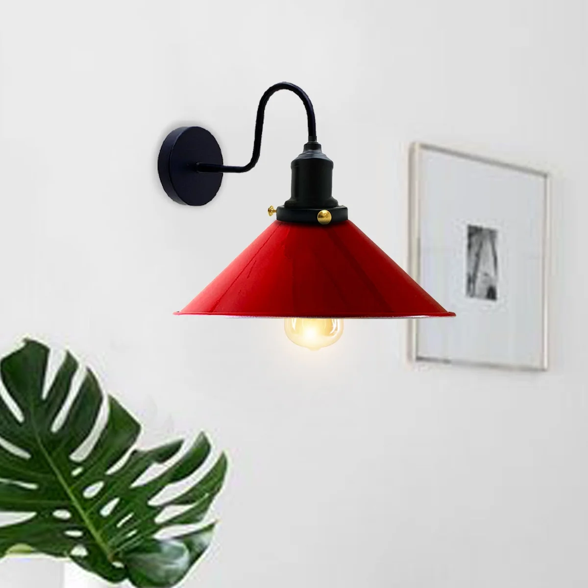 Red metal cone-shaped industrial style wall sconce with swan neck arm, complete with mounting hardware and ceiling rose.