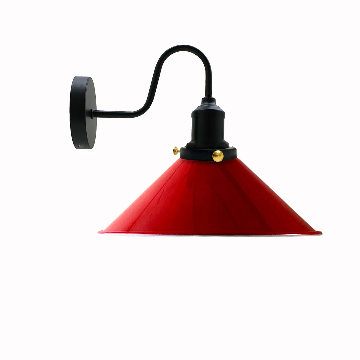 Red metal cone shape wall light featuring a swan neck arm and lamp holder.