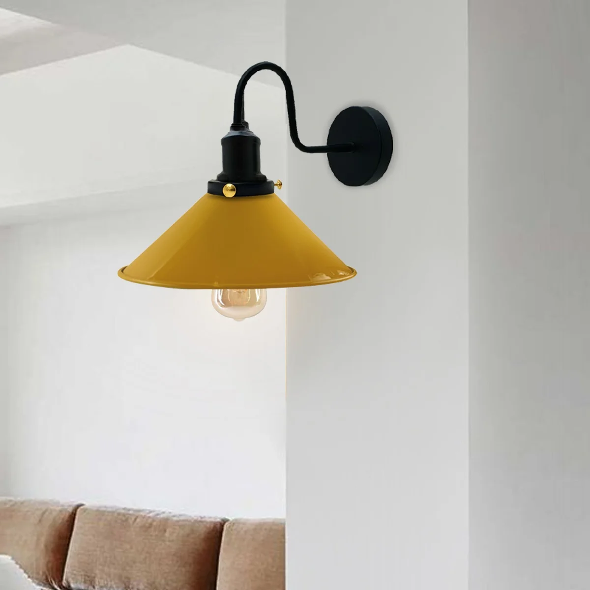 Yellow metal conical industrial wall lamp with swan neck arm, vintage style, 22cm diameter, 10cm high cone shade.