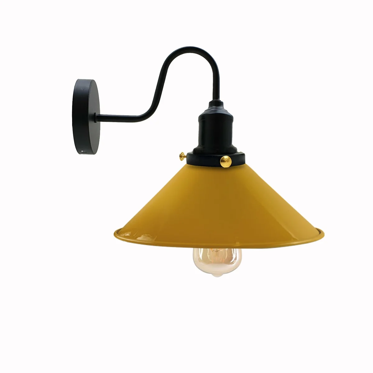 Yellow metal cone lamp shade with swan neck and lamp holder.