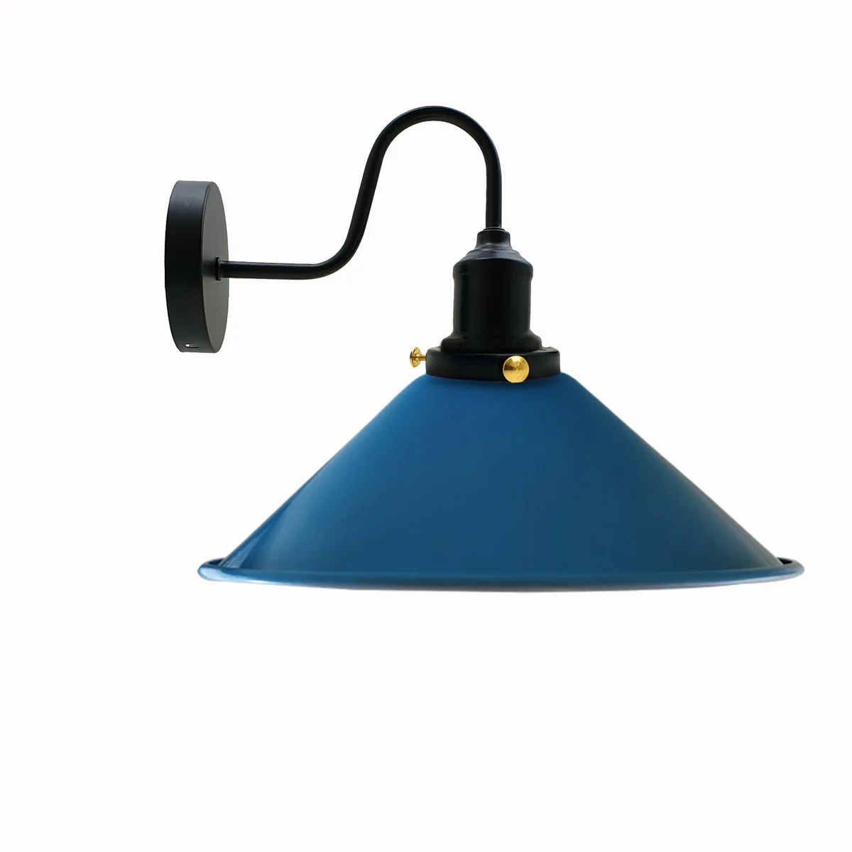 Blue metal wall lamp with conical metal shade, installed on a wall, vintage industrial style.