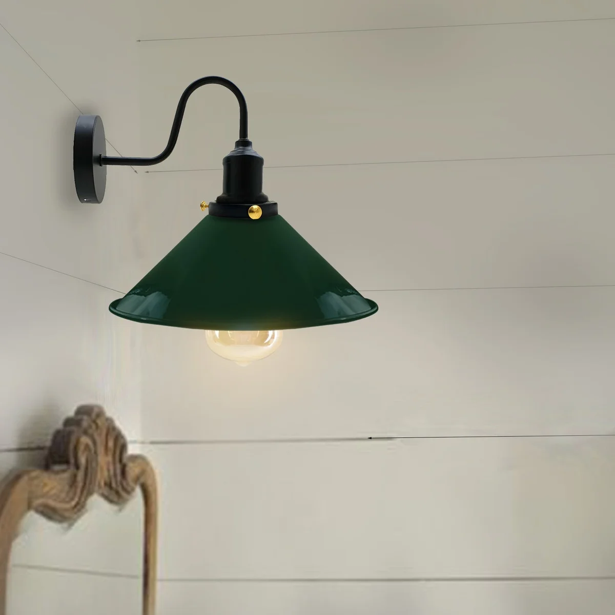 Industrial wall light with green metal cone shade and swan neck holder, bundled with housing and fitting accessories.