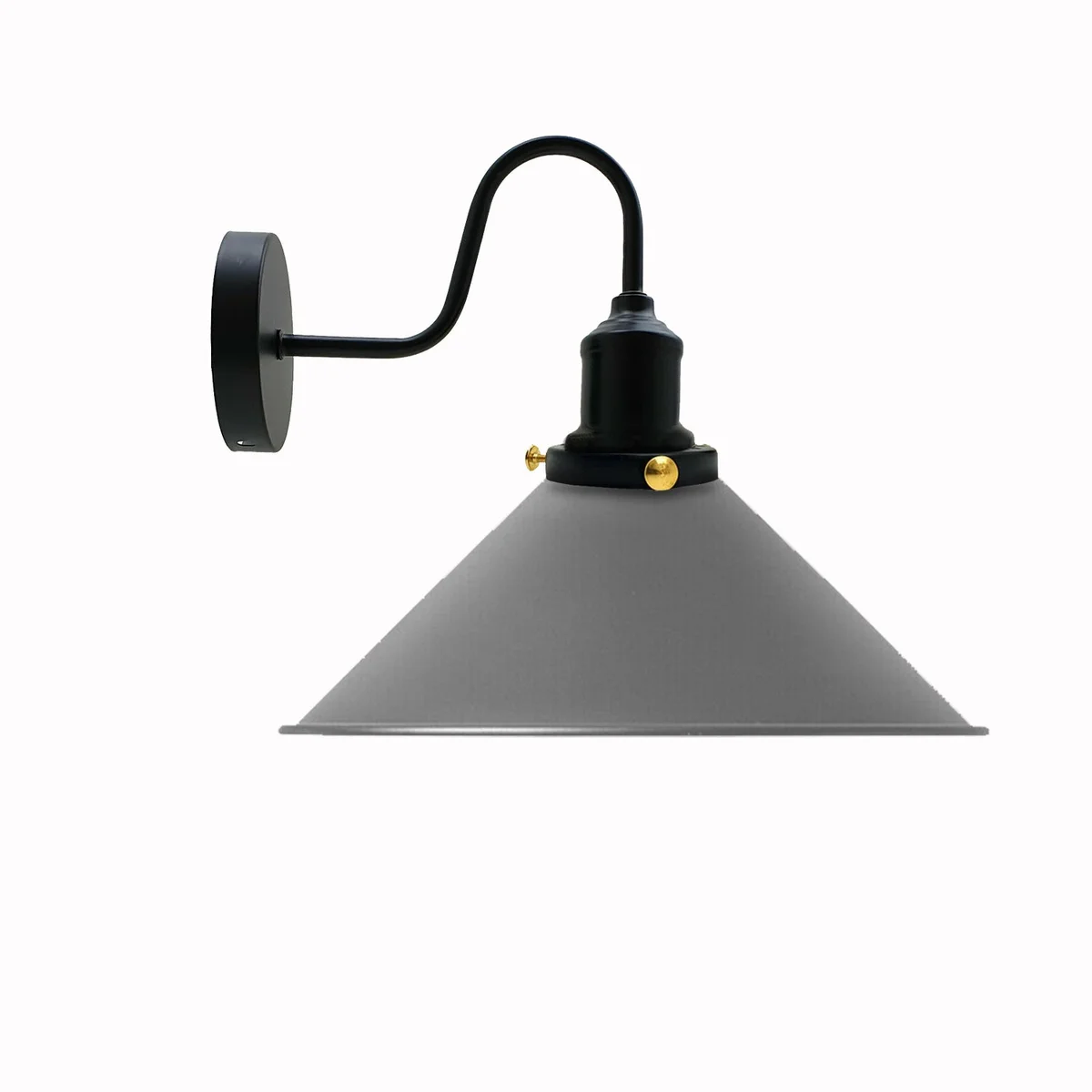 Grey metal wall lamp with cone-shaped shade, swan neck arm, 22 cm diameter, 10 cm height