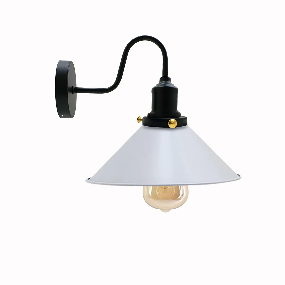 White swan neck lamp with metal cone shade, round mounting ring, ready to install.