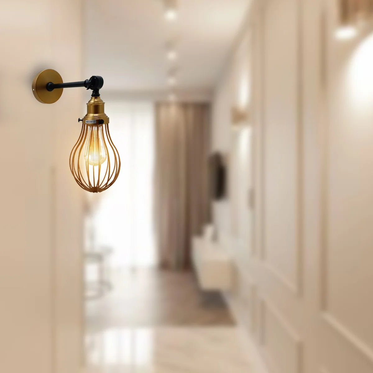 Industrial wall light with brushed metal vase‑shaped shade, black finish, metal cage, suitable for living rooms and cafe