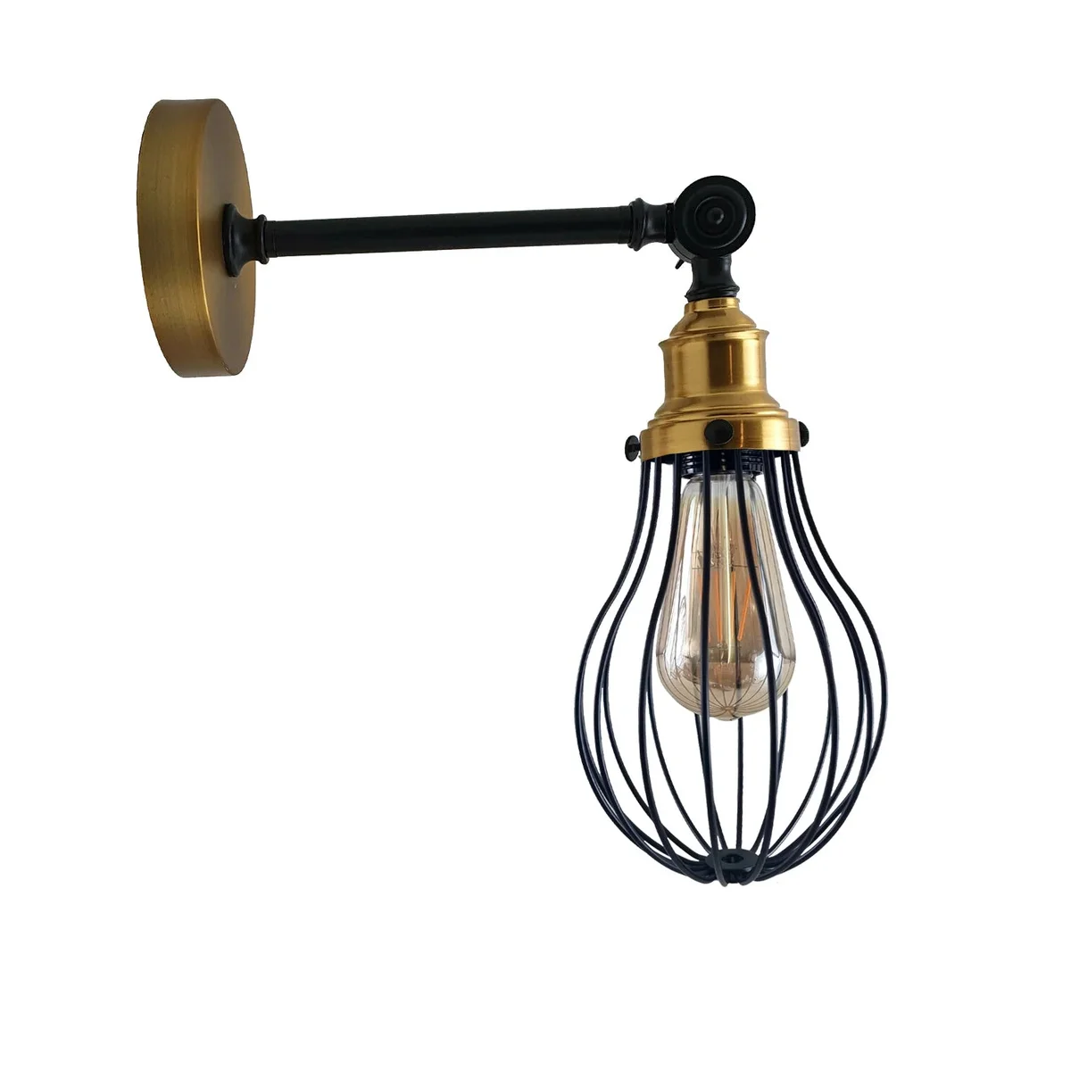 Industrial wall light with brass‑black metal cage in large vase shape, 13cm diameter, 20cm tall, ready for wall mounting.