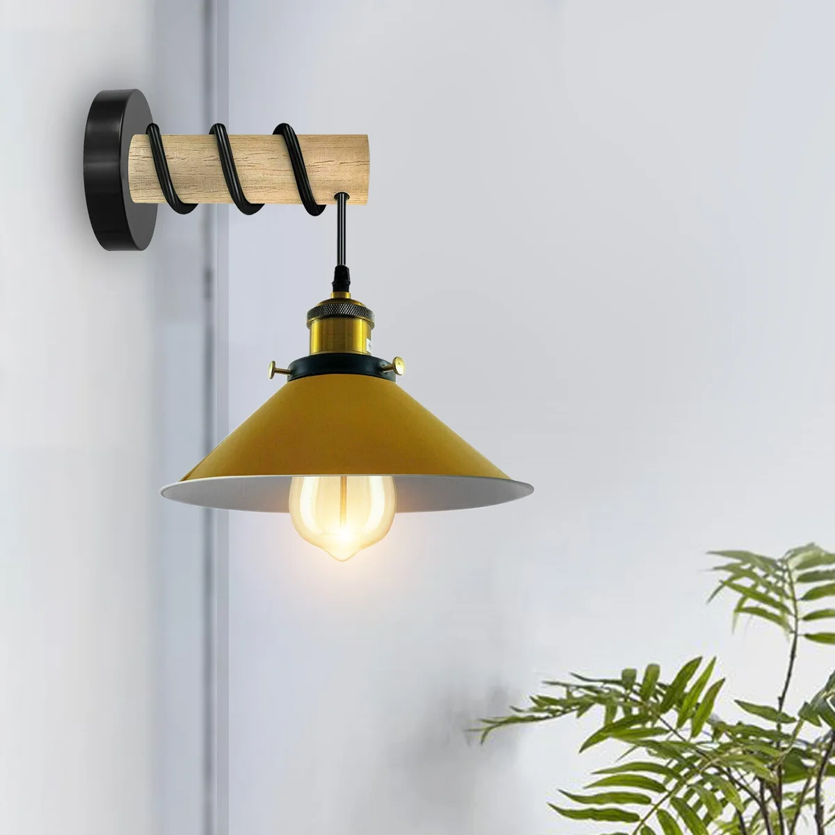 Wooden wall lamp with a yellow cone‑shaped metal shade, 22 cm diameter, 10 cm tall, mounted on a wall.