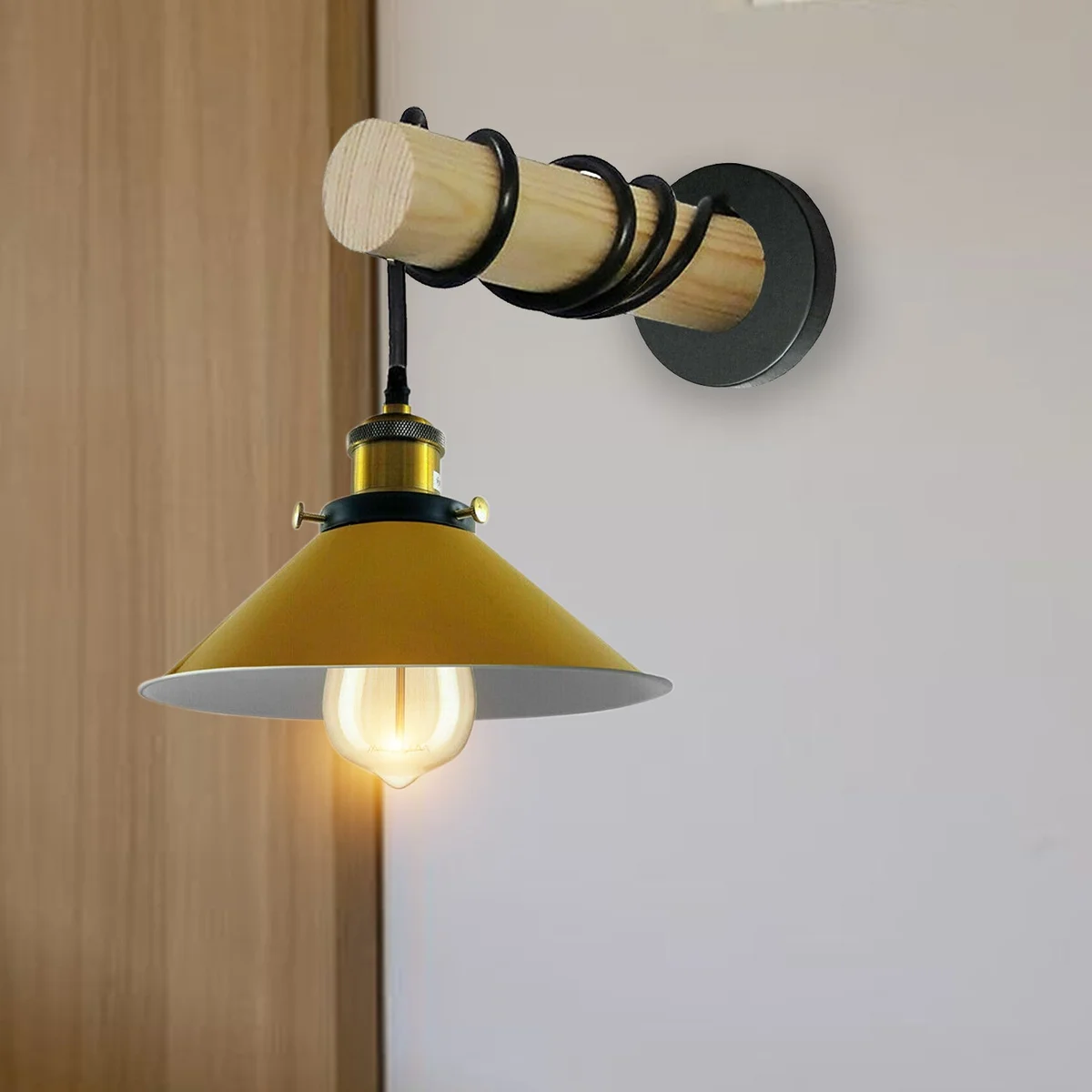 Yellow cone-shaped metal wall light with wooden arm, rustic design, 22cm diameter, 10cm height.