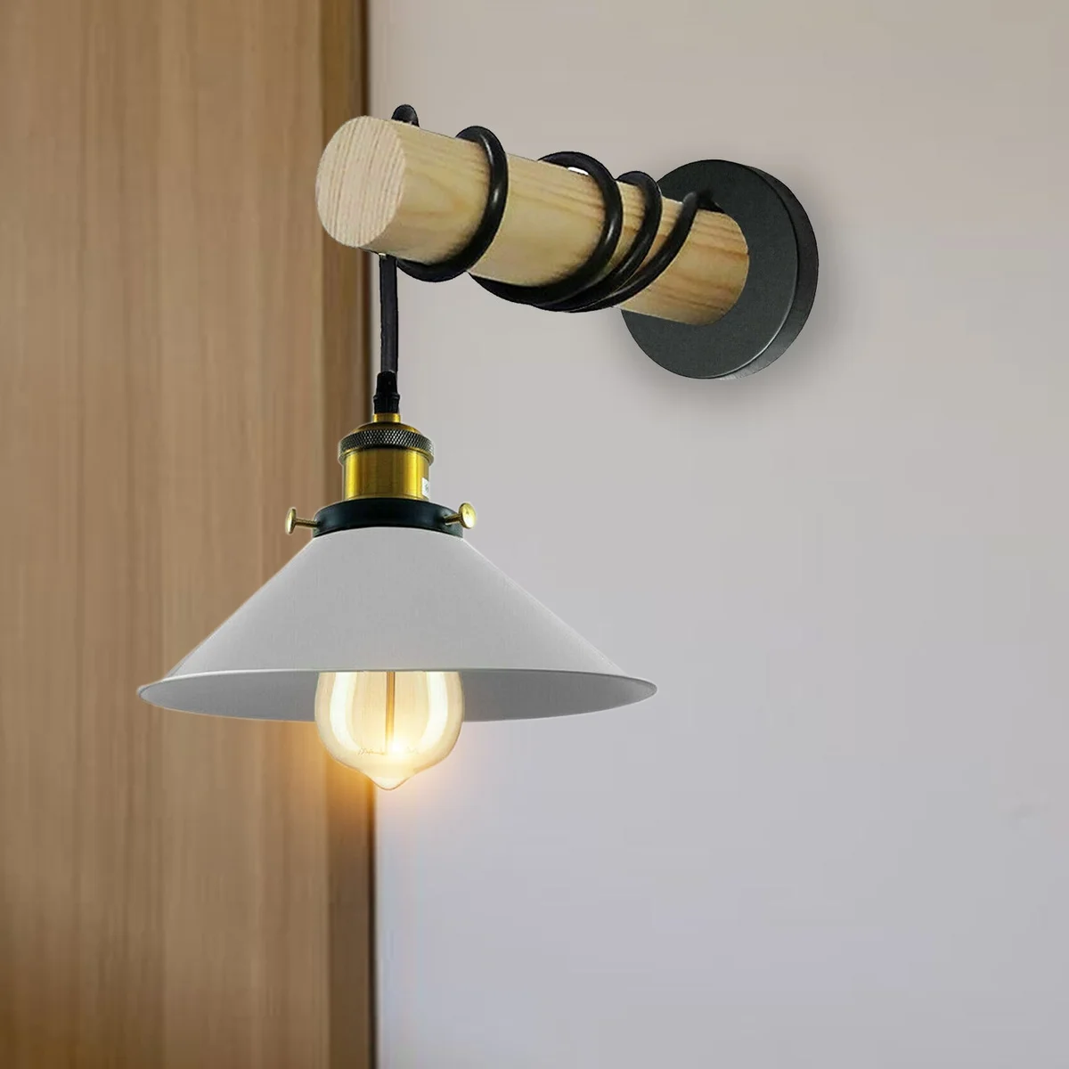 Modern wall sconce with white metal cone shade and wooden arm.