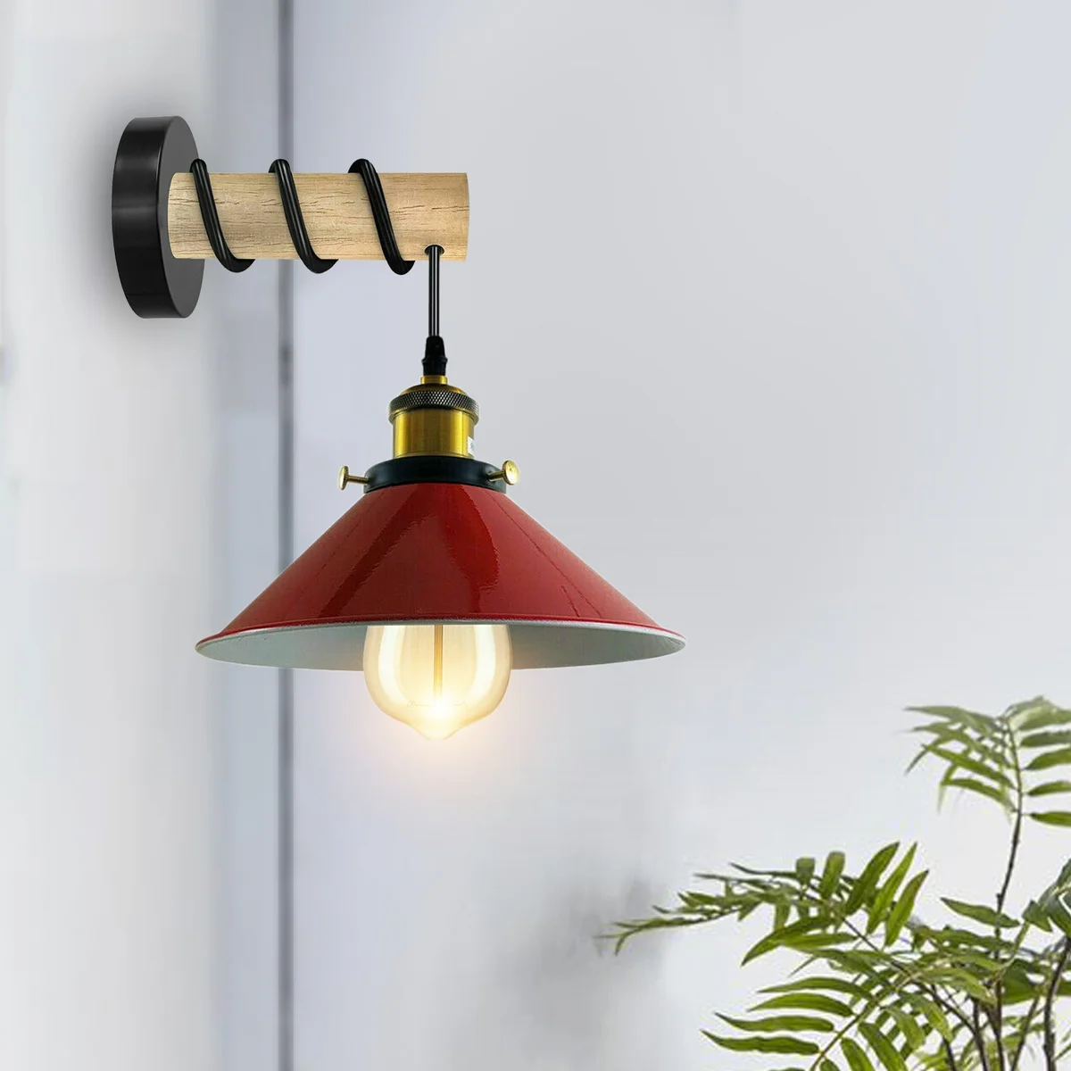 Modern wooden wall lamp with red cone metal shade, 22 cm diameter, 10 cm tall, vintage design, wall‑mounted.