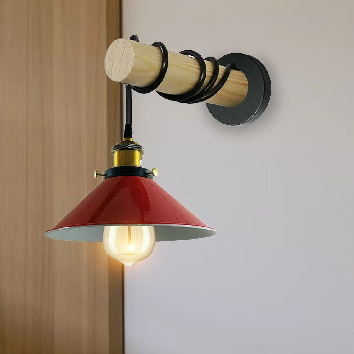 Red cone shaped wall light with metal shade and solid wooden arms mounted on wall