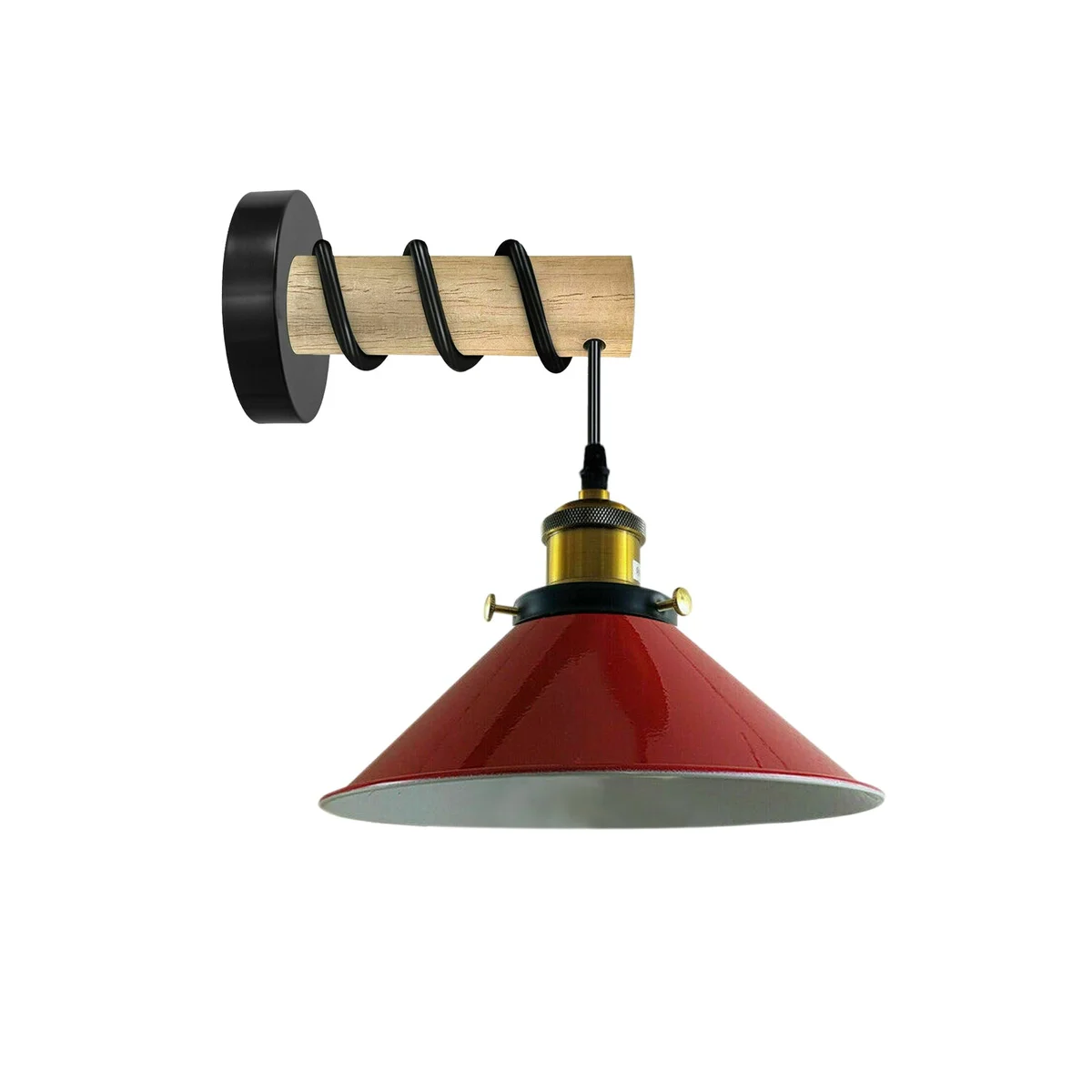 Solid wood wall lamp with red cone‑shaped metal shade and metal arm, displayed on floor.