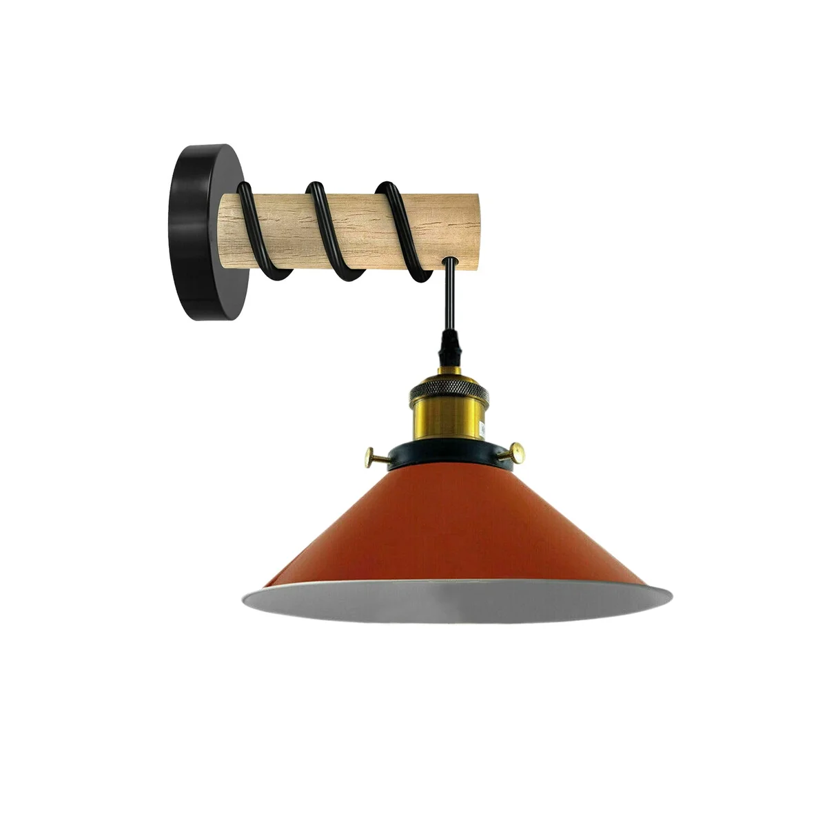 Orange metal and wood cone shape wall light with mounting hardware, 22cm diameter, 10cm height.