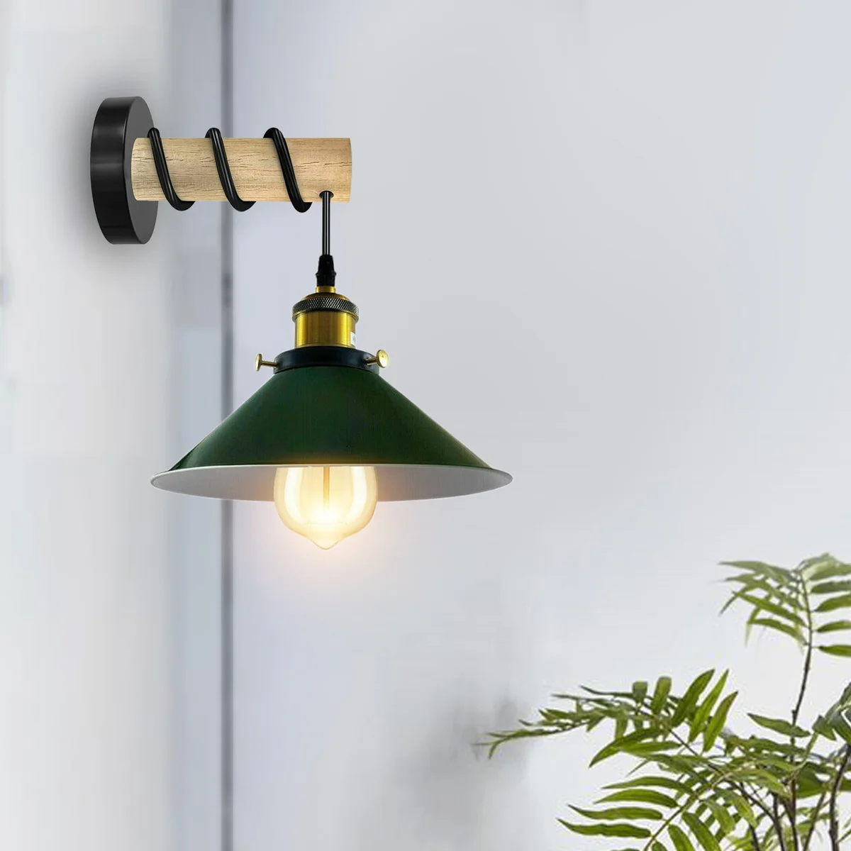Modern wooden wall lamp with solid wooden arm and green cone-shaped metal shade