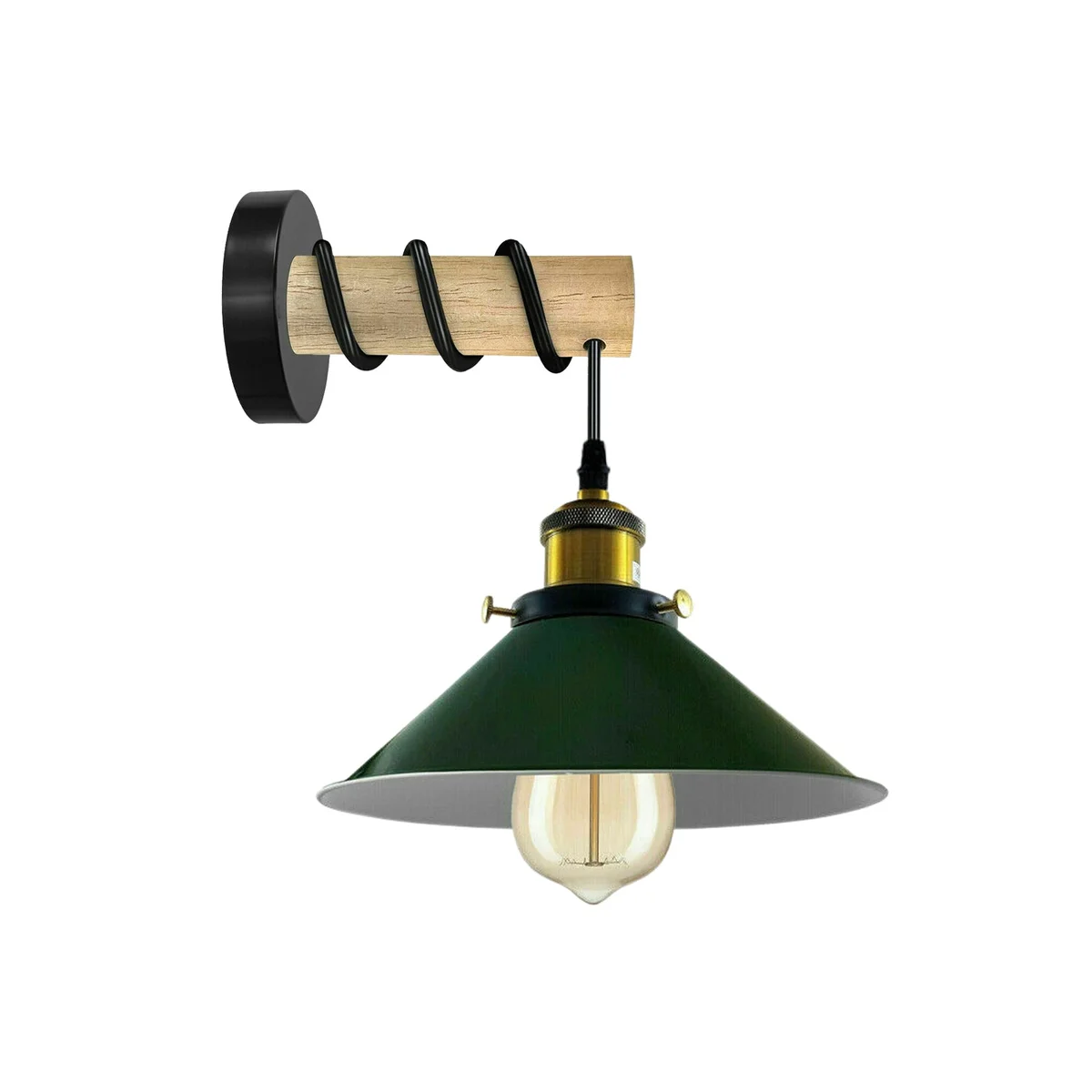 Green cone shaped wall sconce on wooden base, 22 cm diameter, 10 cm high, metal lampshade with rustic finish.