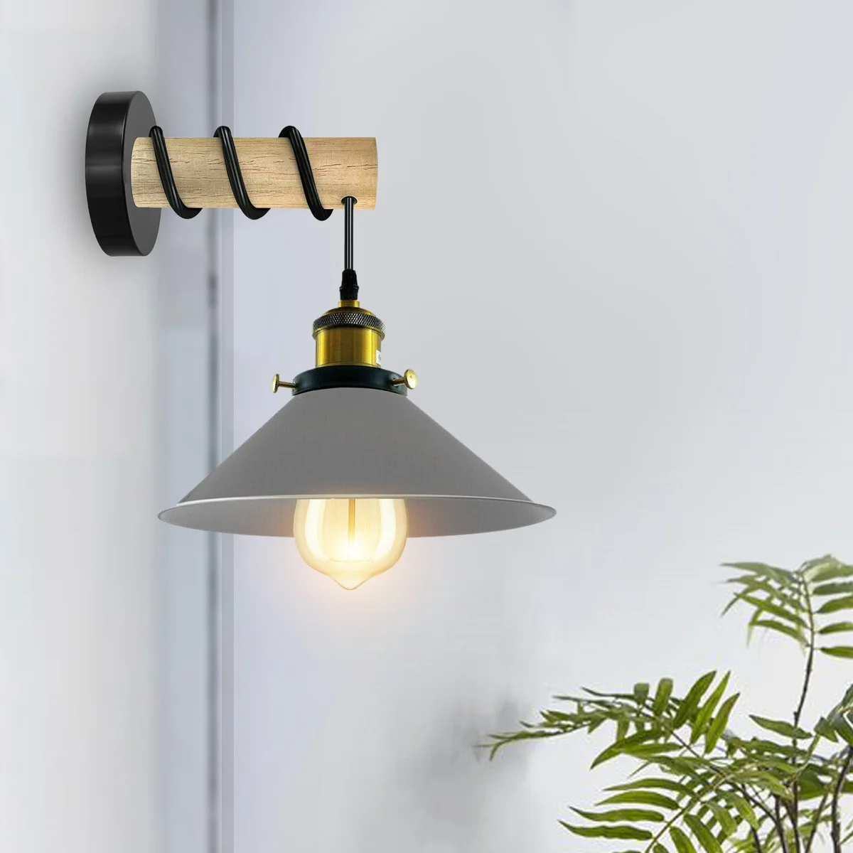 Modern wooden wall lamp with grey cone‑shaped metal shade and wooden arm, suitable for living room decor.
