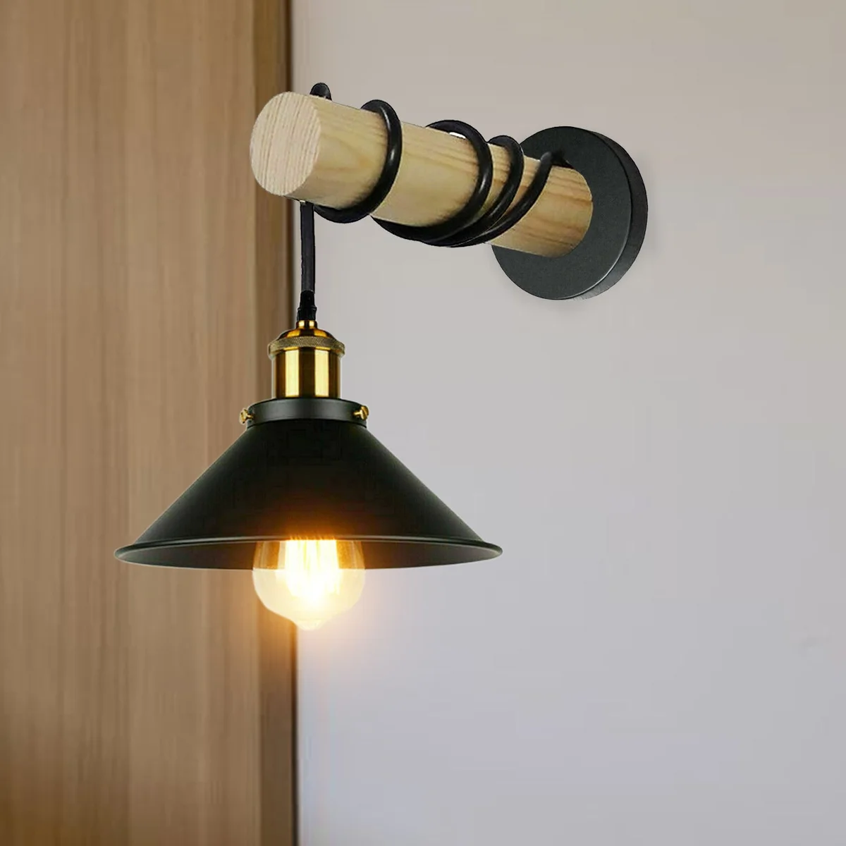 Black metal cone wall sconce with wooden base, 22 cm diameter, 10 cm high, mounted on wall.