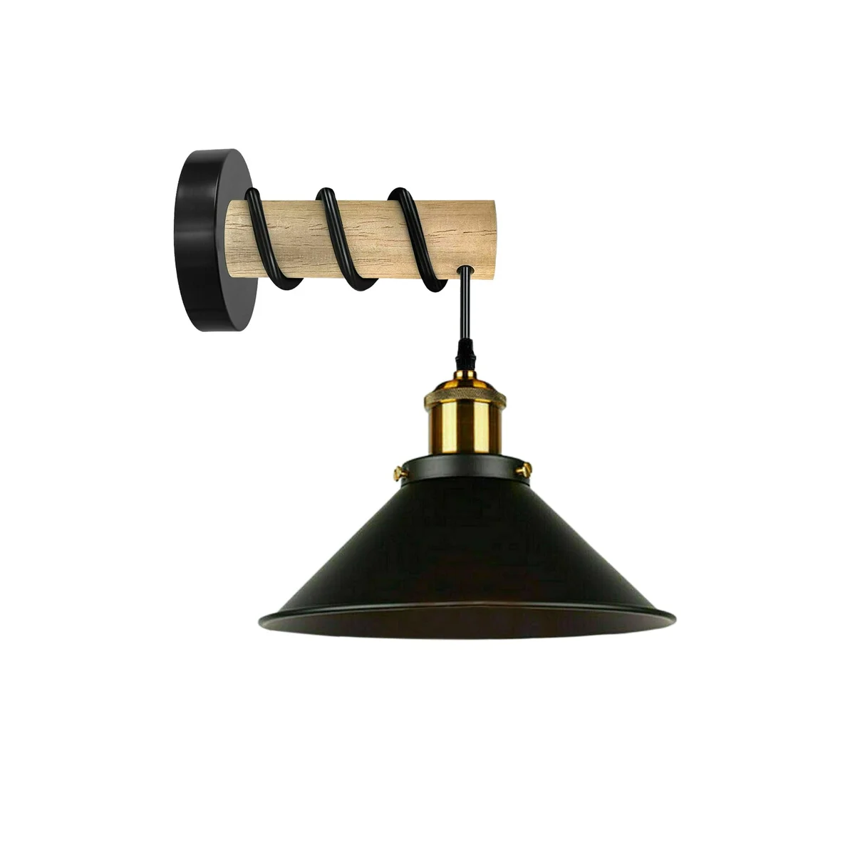 Black metal wall light with cone shaped metal shade and solid wooden arm mounted on wall