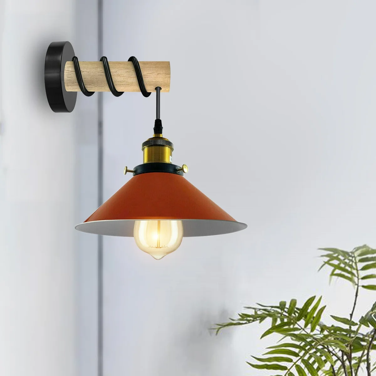 Modern wooden wall light with black metal cone shade, 22 cm diameter, 10 cm height, shown on wall mount.