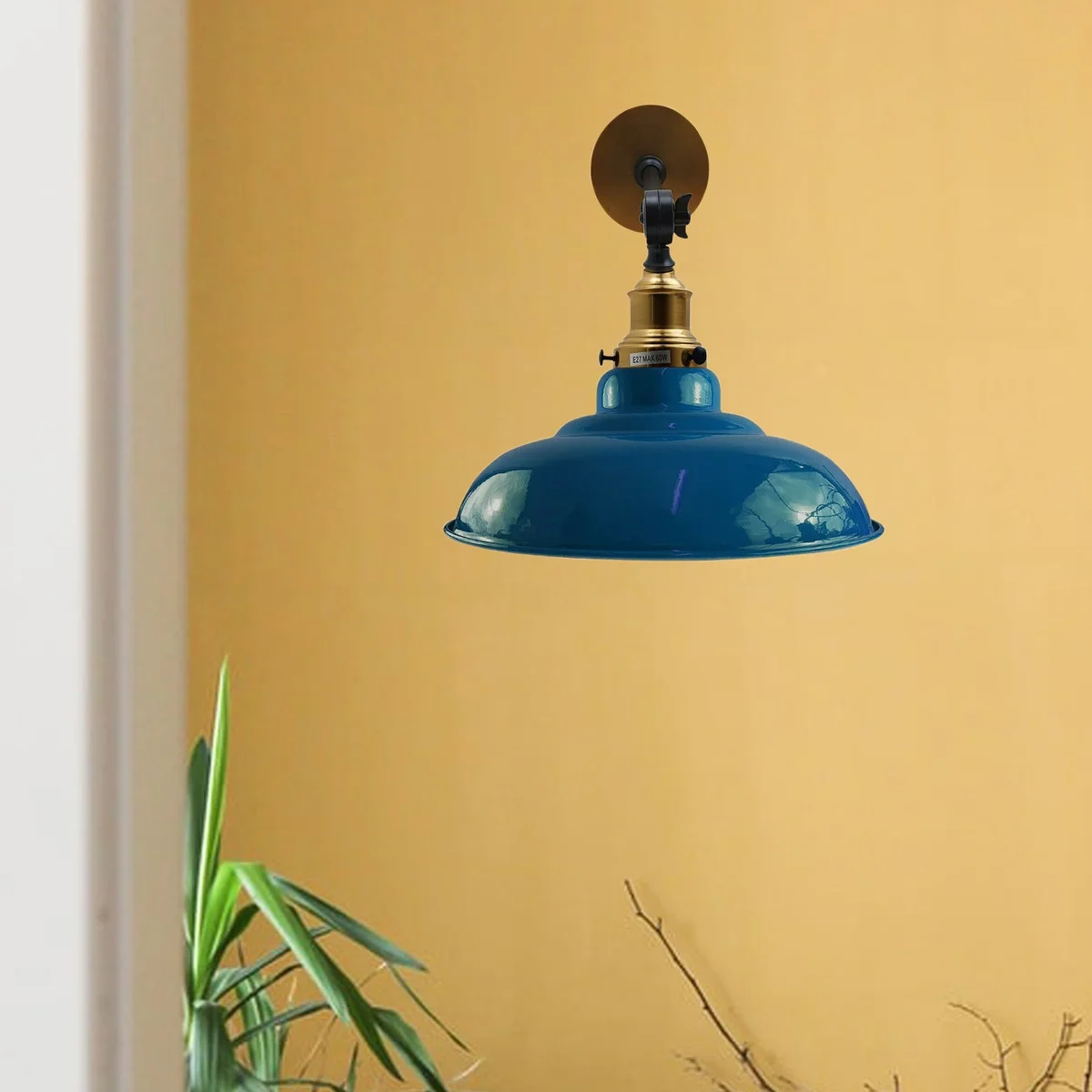 Cyan blue industrial wall sconce with adjustable curvy swing arm and metal shade