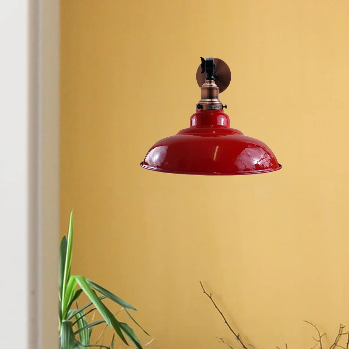 red wall light with curved metal shade and adjustable swing arm, 32cm diameter, industrial loft style.